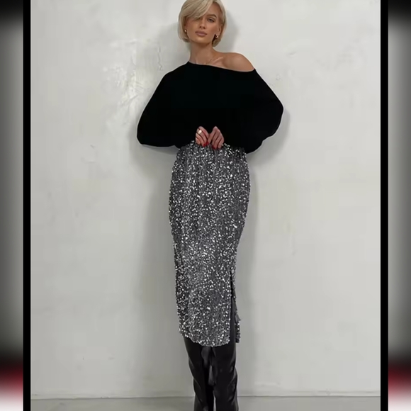 Silver Sequin Skirt Women Elegant Vintage Punk Evening Dress Slit Sexy - Picture 4 of 6